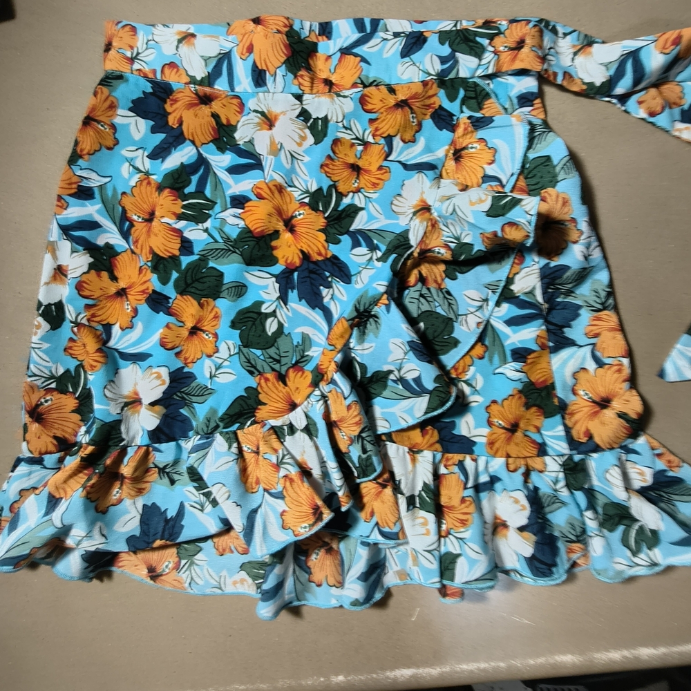 Asymmetrical Floral Wrap Skirt - Blue and Orange